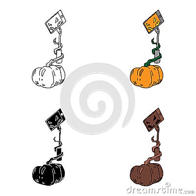 Halloween pumpkin makes selfie sketch style in four options. Lines filled, colored and mono color Vector Illustration