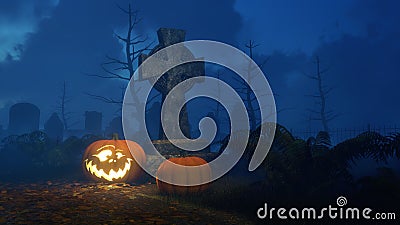 Halloween pumpkin near cross tombstone at night Cartoon Illustration