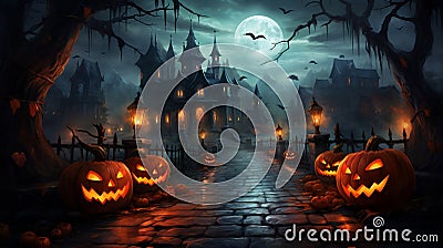 Halloween pumpkin with neon lights on pastel colors background 3d rendering Stock Photo