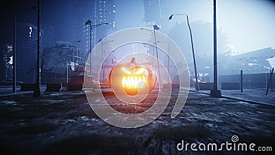 Halloween pumpkin in night destroyed city. Apocalypse concept. 3d rendering. Stock Photo