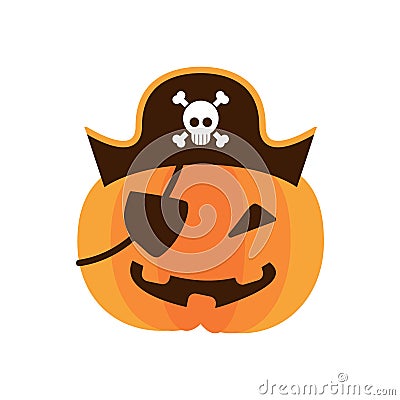 Halloween pumpkin with pirate hat and patch flat style icon Vector Illustration