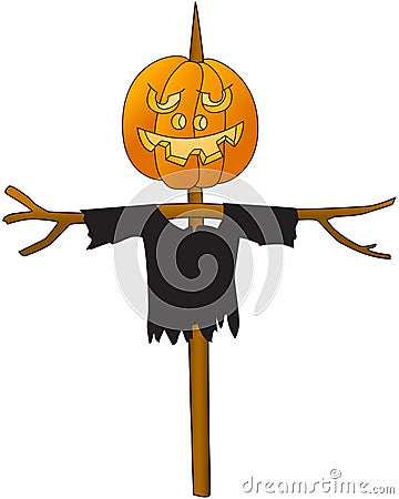 Halloween. Pumpkin on a pole. Scarecrow kitchen garden. Cartoon image. White background. Vector. Cartoon Illustration