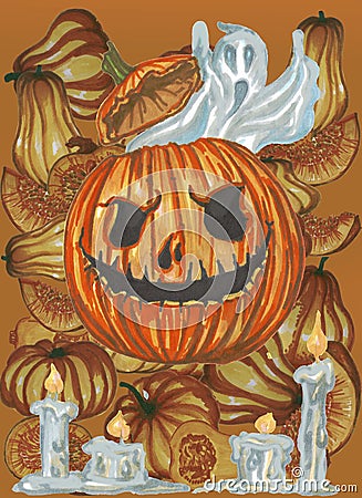 Halloween pumpkin on pumkins orange background Stock Photo