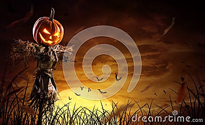 Halloween pumpkin scarecrow on a wide field with the moon on a scary night Stock Photo