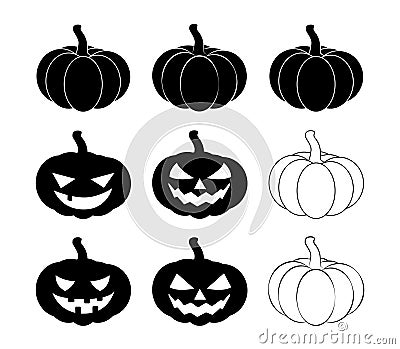 Halloween pumpkin silhouette set vector illustration, Jack O Lantern on white background. Scary orange picture with eyes Vector Illustration