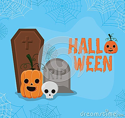 Halloween pumpkin and skull cartoon with graves vector design Vector Illustration