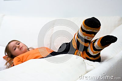 Halloween Pumpkin Socks Girl Sofa Stock Photo