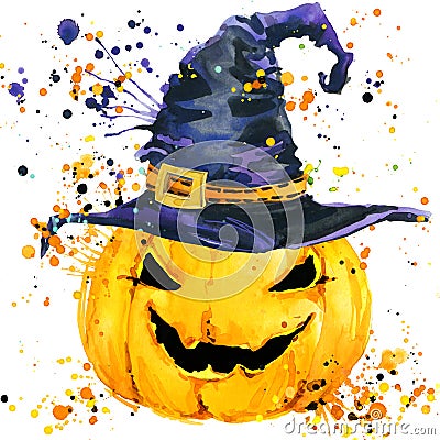 Halloween pumpkin. Watercolor illustration background for the holiday Halloween. Cartoon Illustration