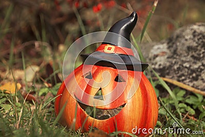 Halloween pumpkin in wild forest. Fall mood. Autumn magic scene Stock Photo