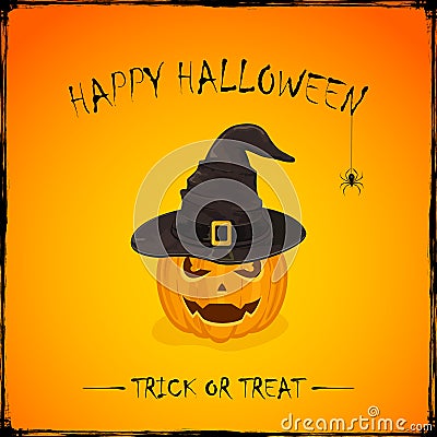 Halloween pumpkin in witch hat on orange background Vector Illustration