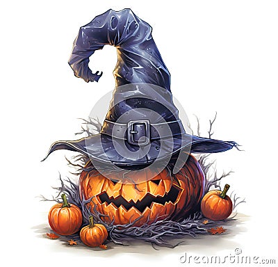 Halloween pumpkin in witch's hat surrounded by little pumpkins Cartoon Illustration