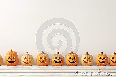 Halloween Pumpkins Arranged On White Planks, Techenhanced Holiday Decoration Stock Photo