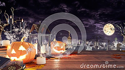 Halloween pumpkins burning in front of a graveyard Stock Photo