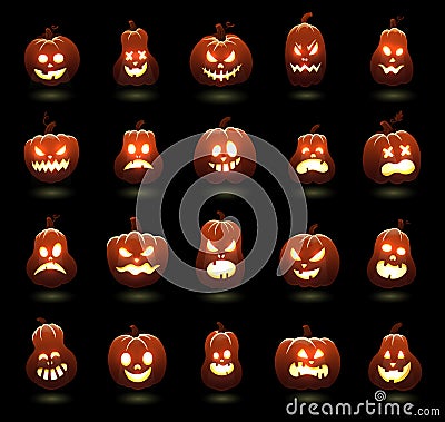 Halloween pumpkins. Cartoon scary carving pumpkin characters, angry glowing pumpkins faces, holiday spooky decoration Vector Illustration