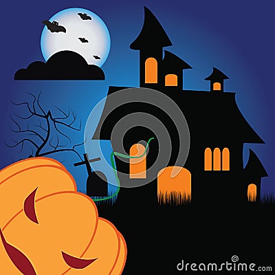 Halloween pumpkins and dark castle on blue Moon background, illustration Cartoon Illustration