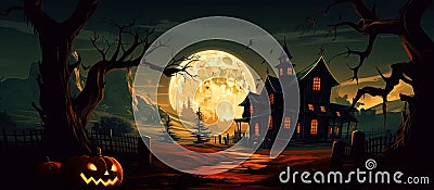 Halloween pumpkins and a dark castle on a blue moon background. Panoramic Generative AI illustration. Cartoon Illustration