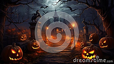 Halloween pumpkins in front of a beautiful house at night Stock Photo