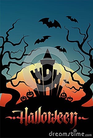Halloween with pumpkins and gloomy castle on the background of the moon. Vertical banner. Vector Vector Illustration
