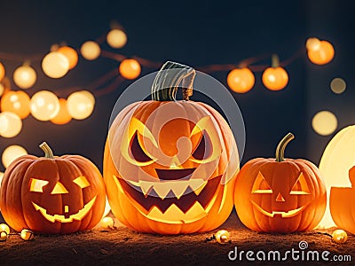 Halloween pumpkins with lights with bokeh style background Stock Photo