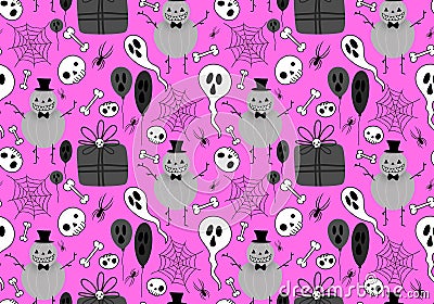 Halloween pumpkins monsters seamless ghost and web and skulls and balloons pattern for wrapping paper Cartoon Illustration