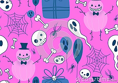 Halloween pumpkins monsters seamless ghost and web and skulls and balloons pattern for wrapping paper Cartoon Illustration