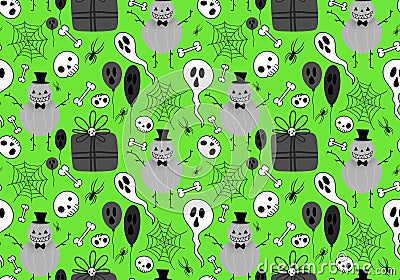 Halloween pumpkins monsters seamless ghost and web and skulls and balloons pattern for wrapping paper Cartoon Illustration