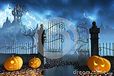 Halloween pumpkins next to a gate of a spooky castle Stock Photo