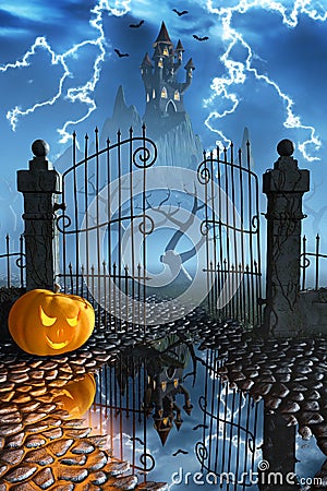 Halloween pumpkins next to a gate of a spooky castle Stock Photo