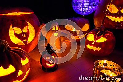 Halloween pumpkins at night dark scenery Stock Photo