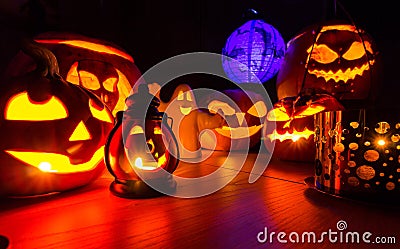 Halloween pumpkins at night dark scenery Stock Photo