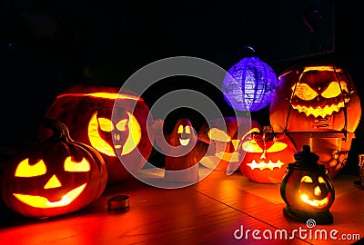 Halloween pumpkins at night dark scenery Stock Photo