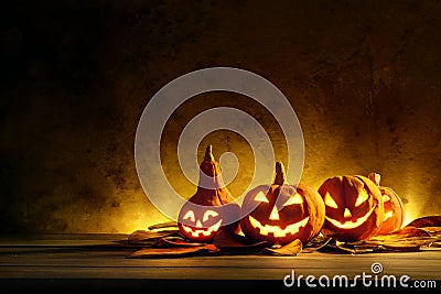 Halloween pumpkins of night spooky on wooden Stock Photo