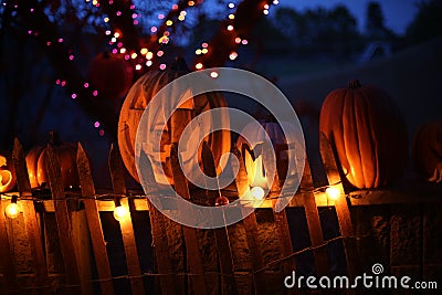 Halloween pumpkins at night Stock Photo