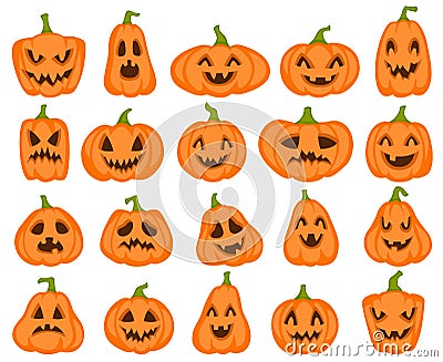 Halloween pumpkins. Orange pumpkin with jack lantern characters. Spooky and angry carved faces for autumn holiday Vector Illustration