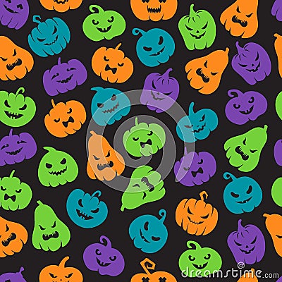 Halloween pumpkins seamless pattern. Scary jack o lantern face silhouettes. Happy halloween vector endless backdrop Vector Illustration