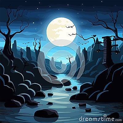 Halloween Pumpkins and Silhouettes trees in dark night forest with blue tint Vector Illustration