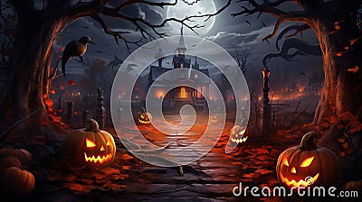 Halloween pumpkins and spiders on background of dancing friends Stock Photo