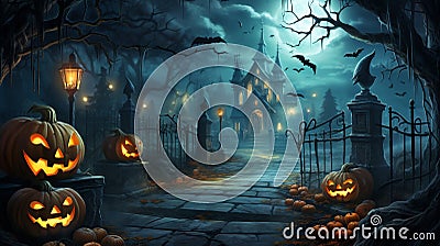 Halloween pumpkins and spiders on background of dancing friends Stock Photo