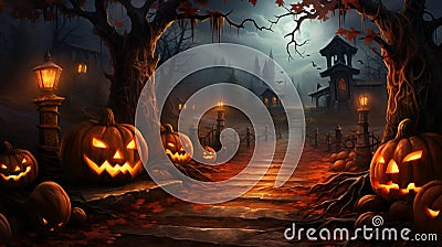 Halloween pumpkins and spiders on background of dancing friends Stock Photo