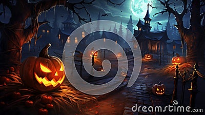 Halloween pumpkins and spiders on background of dancing friends Stock Photo