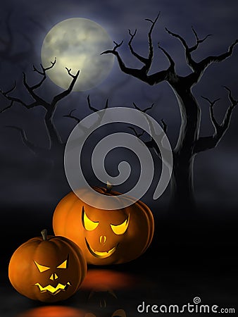 Halloween pumpkins in a spooky forest at night Stock Photo