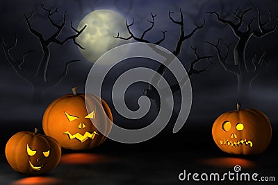 Halloween pumpkins in a spooky forest at night Stock Photo