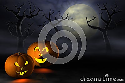 Halloween pumpkins in a spooky forest at night Stock Photo