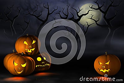 Halloween pumpkins in a spooky forest at night Stock Photo