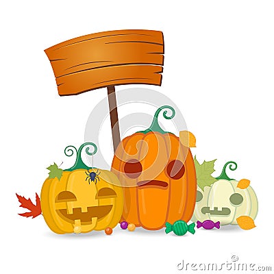 Halloween pumpkins with wooden board, sweets and autumn leaves Vector Illustration