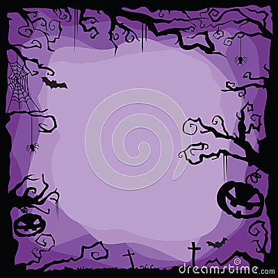 Halloween purple background with flying bats, spiders, web, cobweb, pumpkins, tombs, tree. Vector Illustration