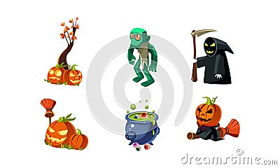 Halloween related objects and creatures set, zombie, scary pumpkin, death with scythe, cauldron of potion, user Vector Illustration