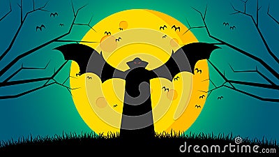 Halloween`s day background - Dracula Spread wings who stand on ground front the moon Vector Illustration