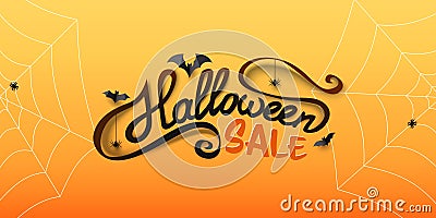 Halloween Sale banner with calligraphy text, paper bats, spiders, spiderwebs. Hand drawn lettering. Vector Illustration