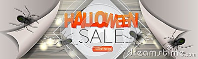 Halloween sale banner design. Advertisement idea for 31 October holiday event with spiders, pilling off paper and glowing light Vector Illustration